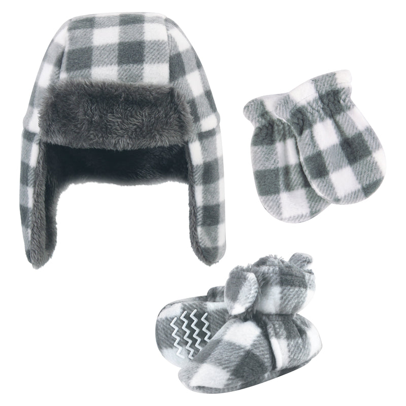 Hudson Baby Trapper Hat, Mitten and Bootie Set, Charcoal White Plaid