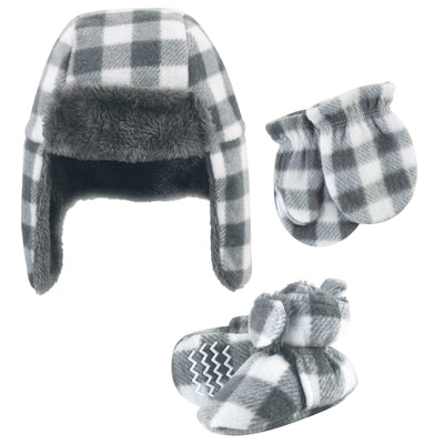 Hudson Baby Trapper Hat, Mitten and Bootie Set, Charcoal White Plaid