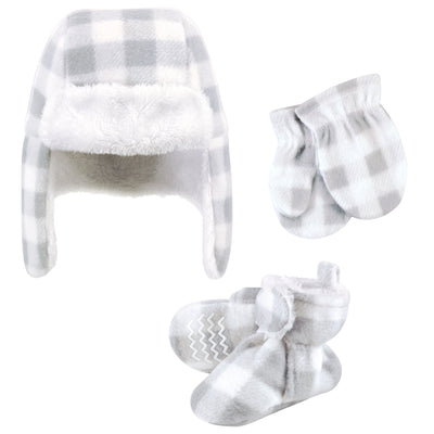 Hudson Baby Trapper Hat, Mitten and Bootie Set, Gray White Plaid