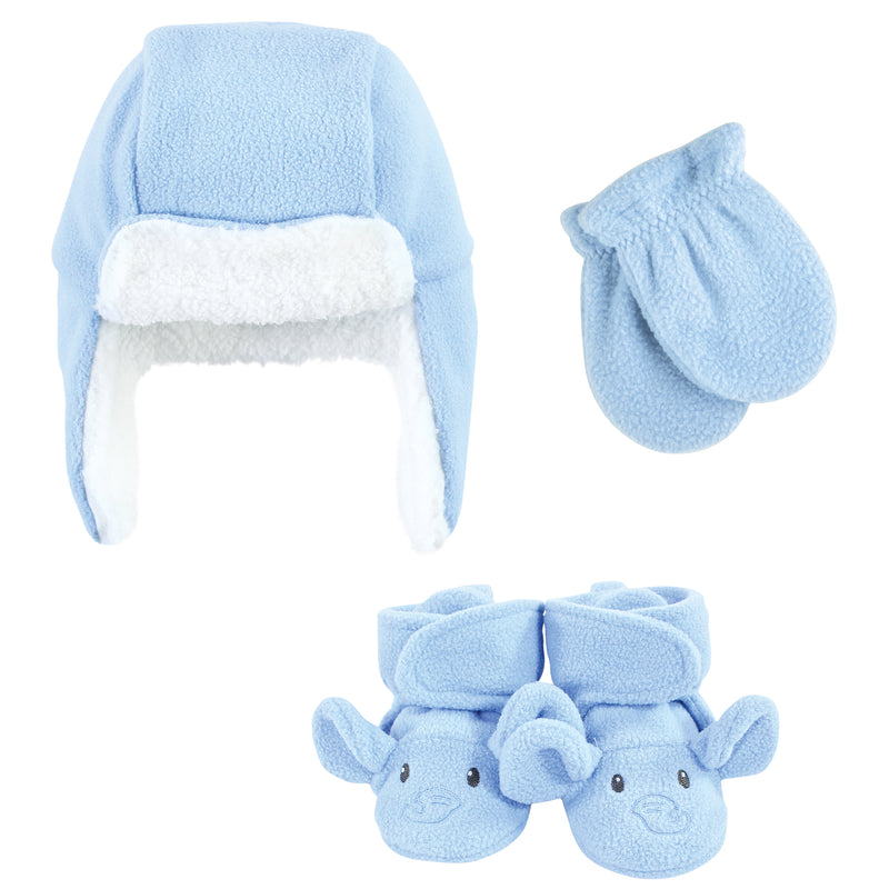 Hudson Baby Trapper Hat, Mitten and Bootie Set, Blue Elephant
