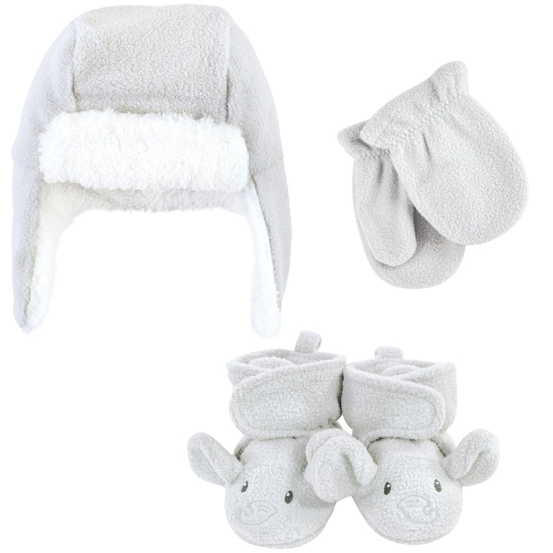 Hudson Baby Trapper Hat, Mitten and Bootie Set, Gray Elephant