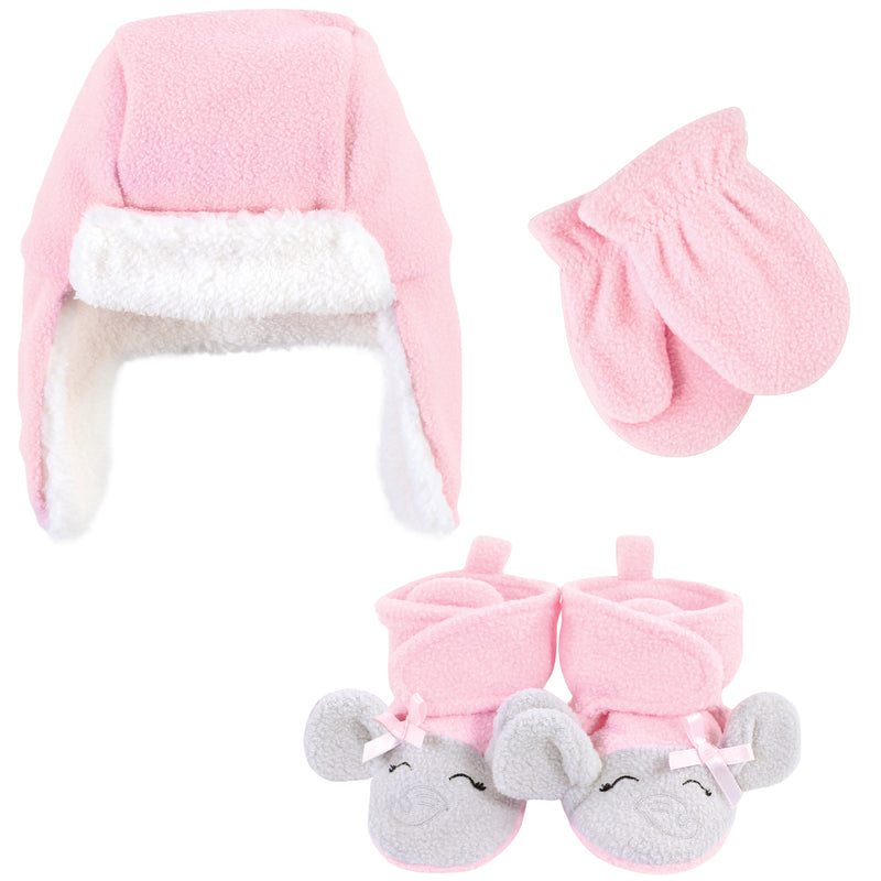 Hudson Baby Trapper Hat, Mitten and Bootie Set, Pink Gray Elephant