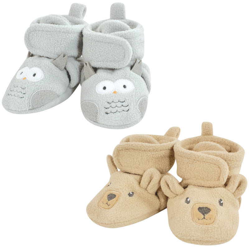 Hudson Baby Animal Fleece Booties 2-Pack, Gray Owl Bear