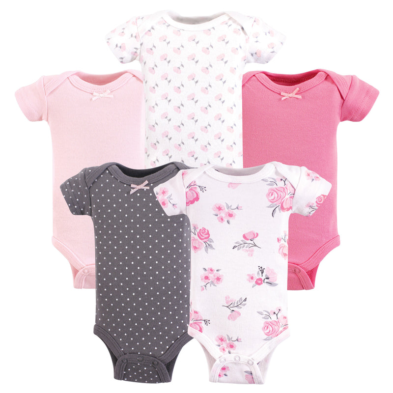 Hudson Baby Cotton Preemie Bodysuits, Basic Pink Floral Short-Sleeve