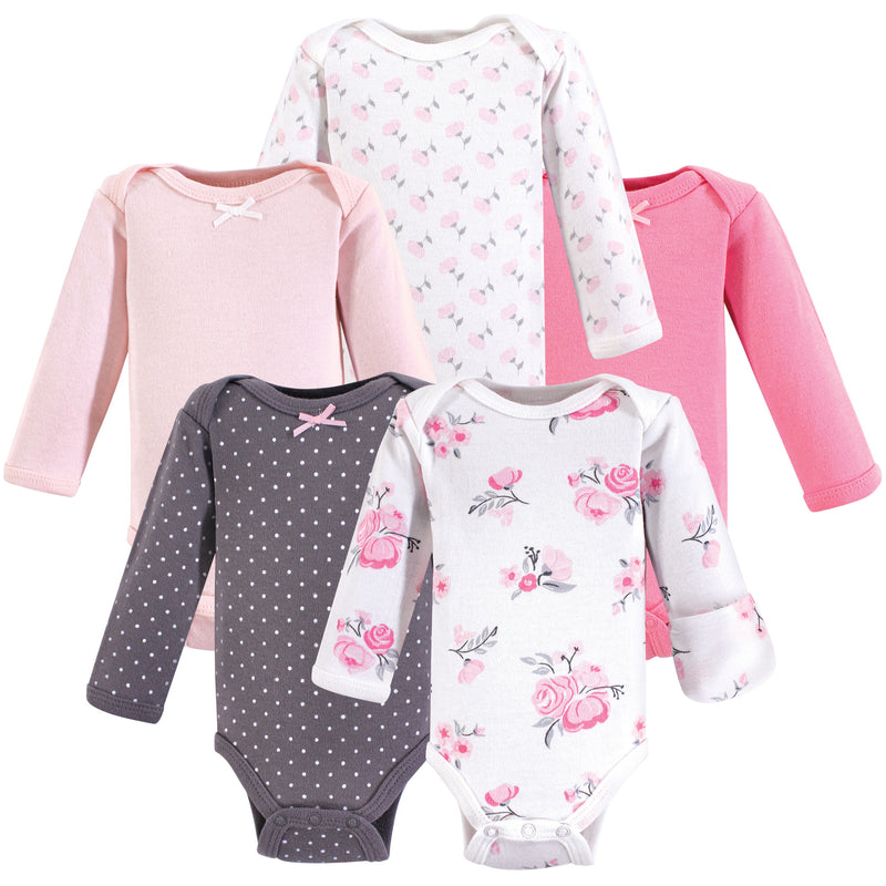 Hudson Baby Cotton Preemie Bodysuits, Basic Pink Floral Long-Sleeve