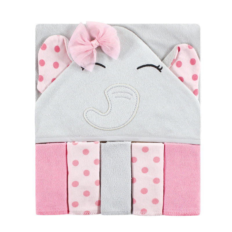 Hudson Baby Hooded Towel and Five Washcloths, Pink Dots Pretty Elephant