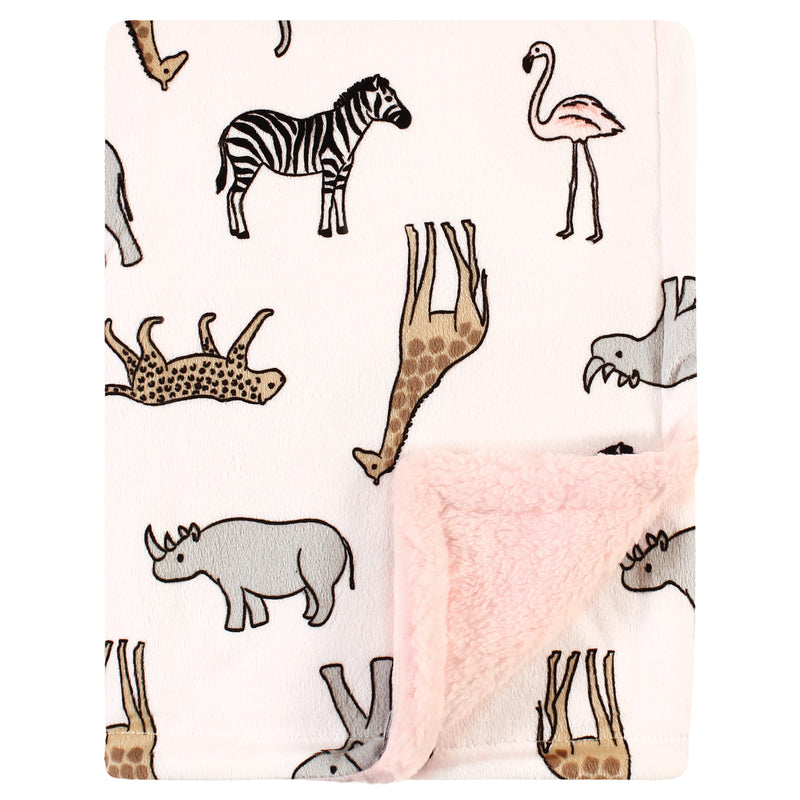 Hudson Baby Plush Mink and Sherpa Blanket, Modern Pink Safari