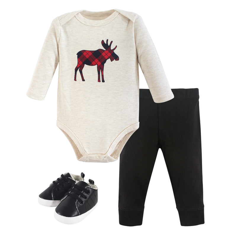 Hudson Baby Cotton Bodysuit, Pant and Shoe Set, Plaid Moose