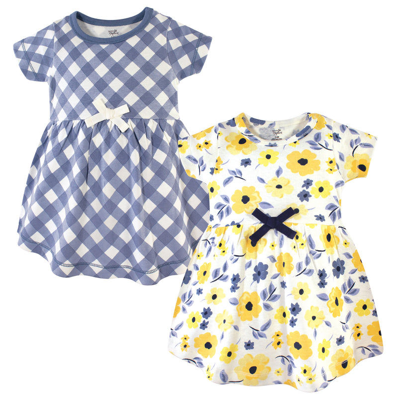 Touched by Nature Organic Cotton Short-Sleeve and Long-Sleeve Dresses, Baby Toddler Yellow Garden Short Sleeve