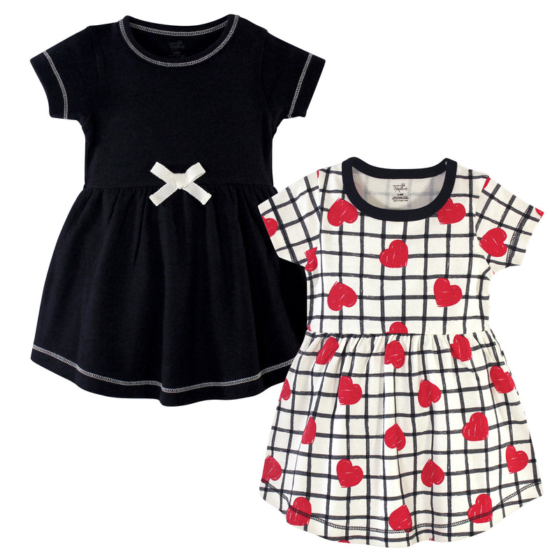 Touched by Nature Organic Cotton Short-Sleeve and Long-Sleeve Dresses, Baby Toddler Black Red Heart Short Sleeve