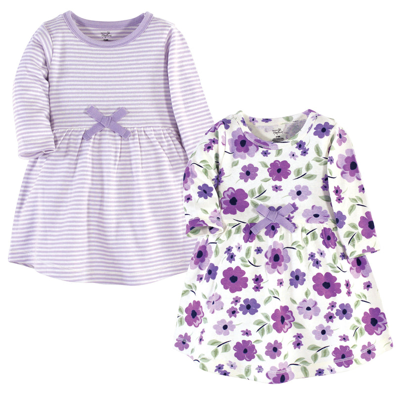Touched by Nature Organic Cotton Short-Sleeve and Long-Sleeve Dresses, Baby Toddler Purple Garden Long Sleeve