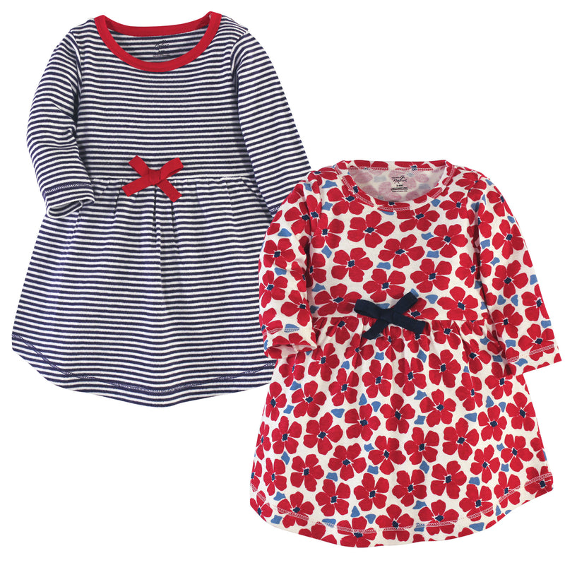 Touched by Nature Organic Cotton Short-Sleeve and Long-Sleeve Dresses, Baby Toddler Red Flowers Long Sleeve