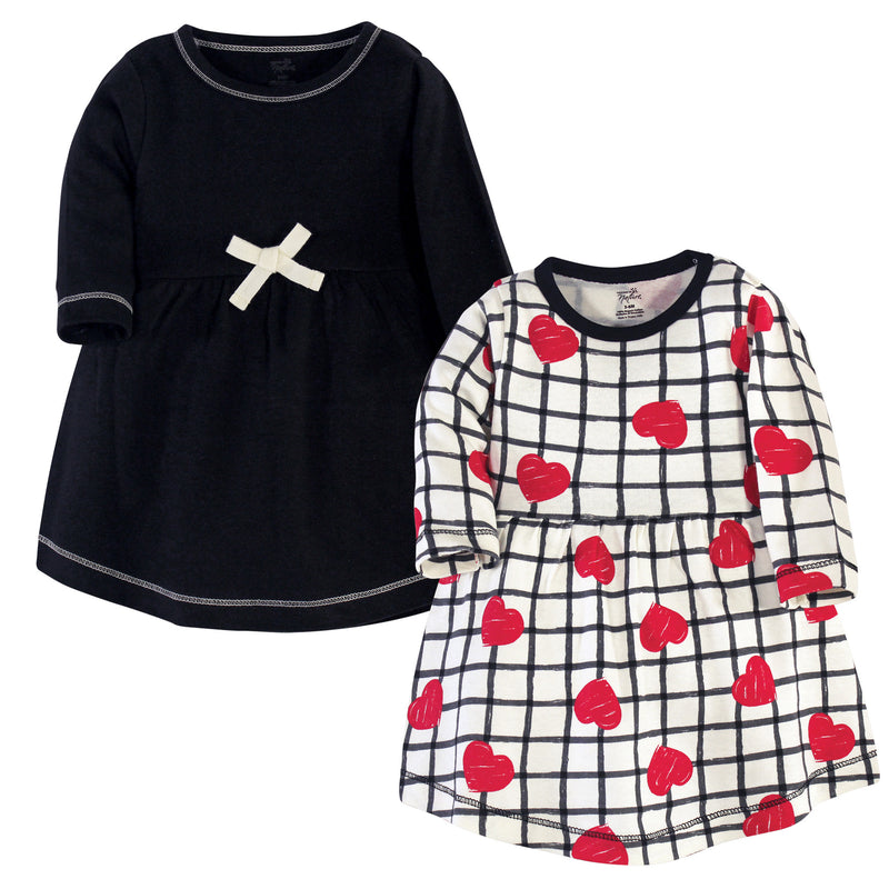 Touched by Nature Organic Cotton Short-Sleeve and Long-Sleeve Dresses, Baby Toddler Black Red Heart Long Sleeve