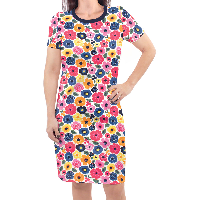 Touched by Nature Organic Cotton Short-Sleeve and Long-Sleeve Dresses, Women Bright Flowers Short Sleeve