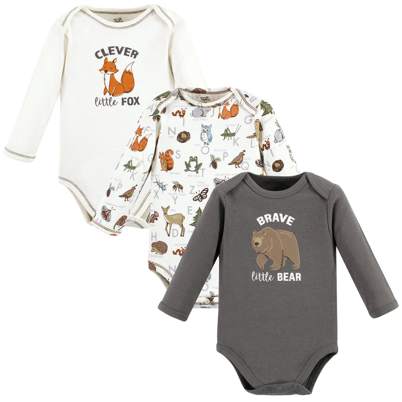 Touched by Nature Organic Cotton Long-Sleeve Bodysuits, Boy Woodland Alphabet 3-Pack