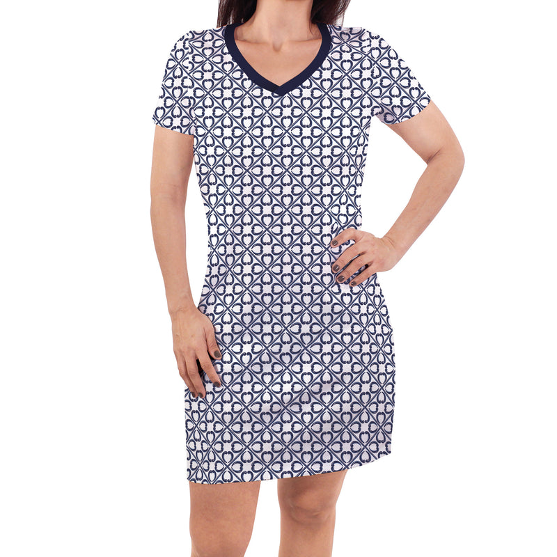 Touched by Nature Organic Cotton Short-Sleeve and Long-Sleeve Dresses, Women Navy Tile Short Sleeve