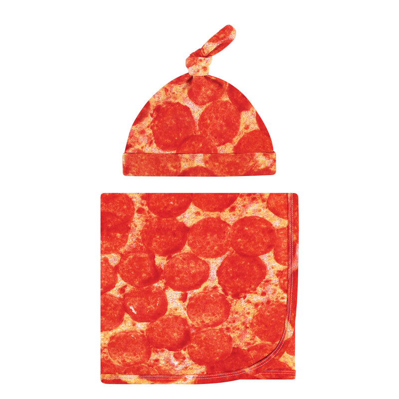 Touched by Nature Organic Cotton Swaddle Blanket and Headband or Cap, Pizza