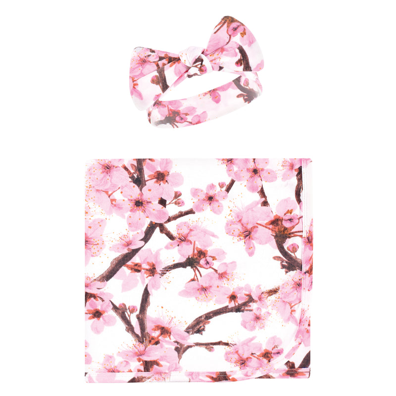Touched by Nature Organic Cotton Swaddle Blanket and Headband or Cap, Cherry Blossom