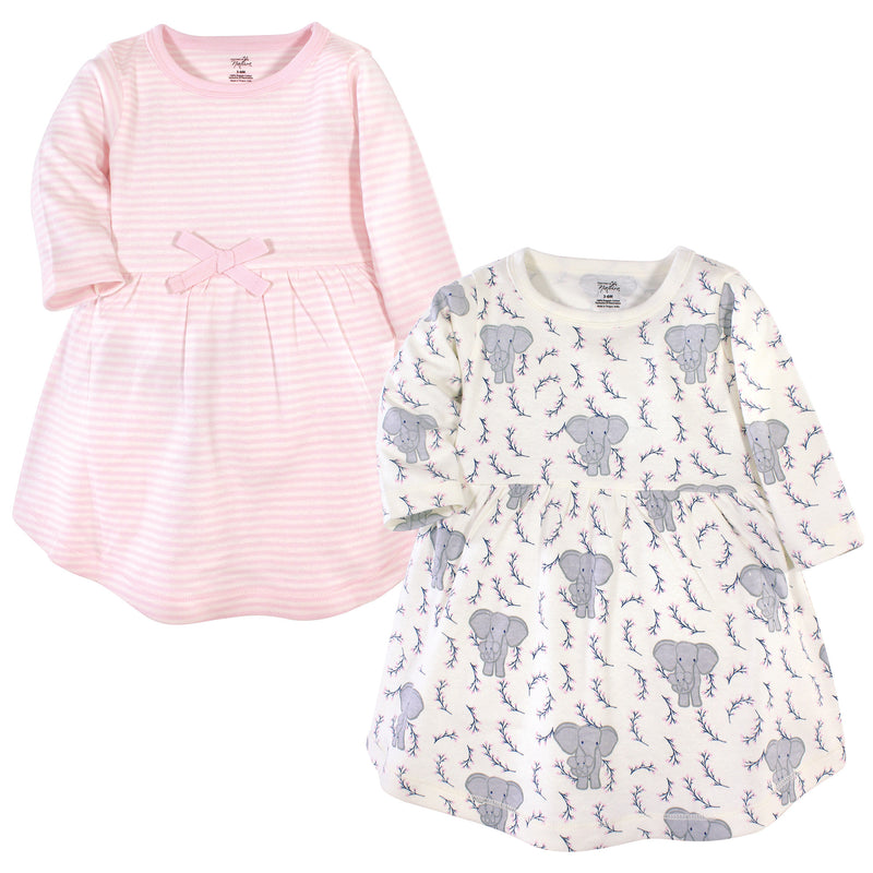 Touched by Nature Organic Cotton Short-Sleeve and Long-Sleeve Dresses, Baby Toddler Pink Elephant Long Sleeve