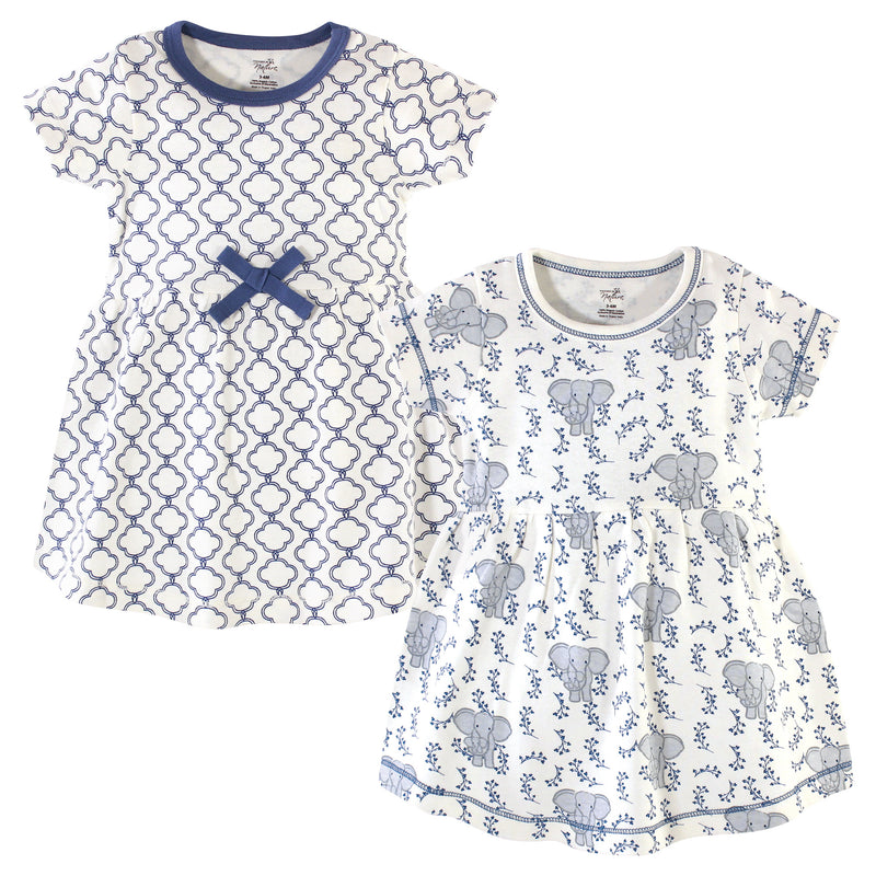 Touched by Nature Organic Cotton Short-Sleeve and Long-Sleeve Dresses, Baby Toddler Blue Elephant Short Sleeve