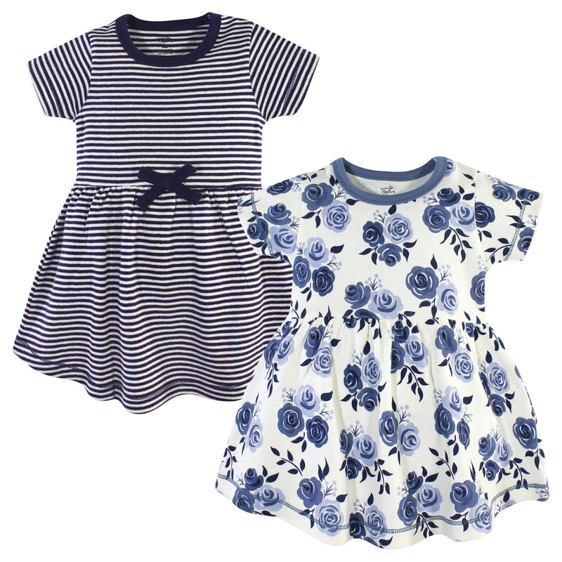 Touched by Nature Organic Cotton Short-Sleeve and Long-Sleeve Dresses, Baby Toddler Navy Floral Short Sleeve
