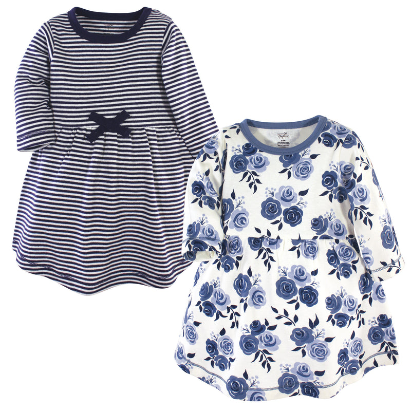 Touched by Nature Organic Cotton Short-Sleeve and Long-Sleeve Dresses, Baby Toddler Navy Floral Long Sleeve