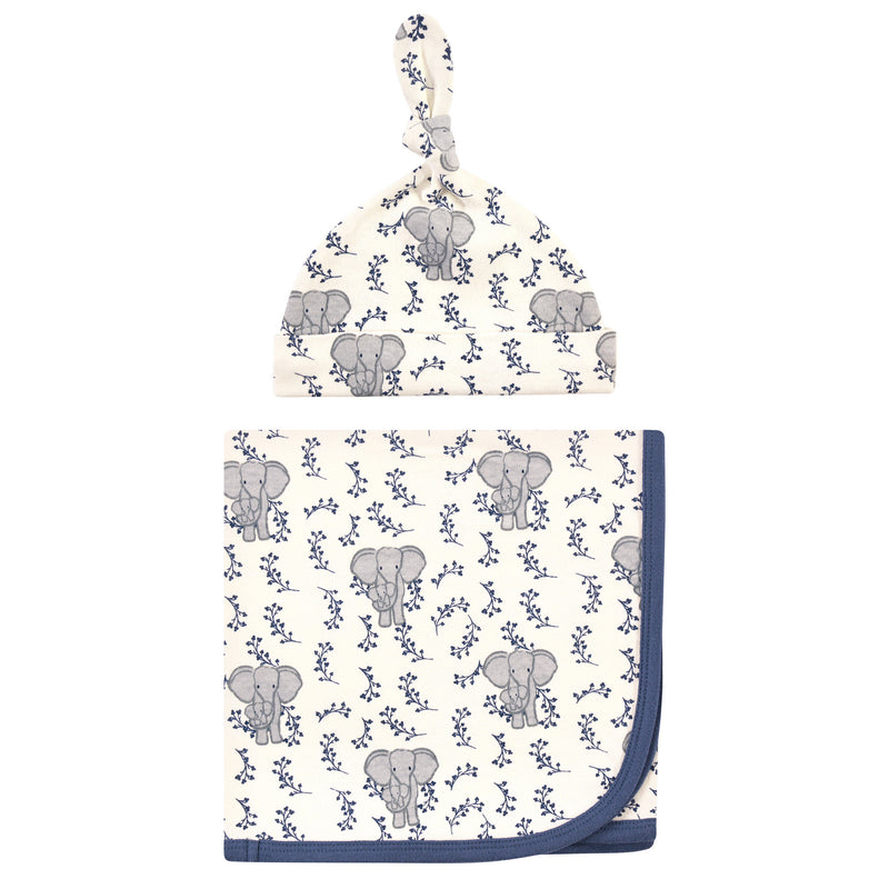 Touched by Nature Organic Cotton Swaddle Blanket and Headband or Cap, Blue Elephant