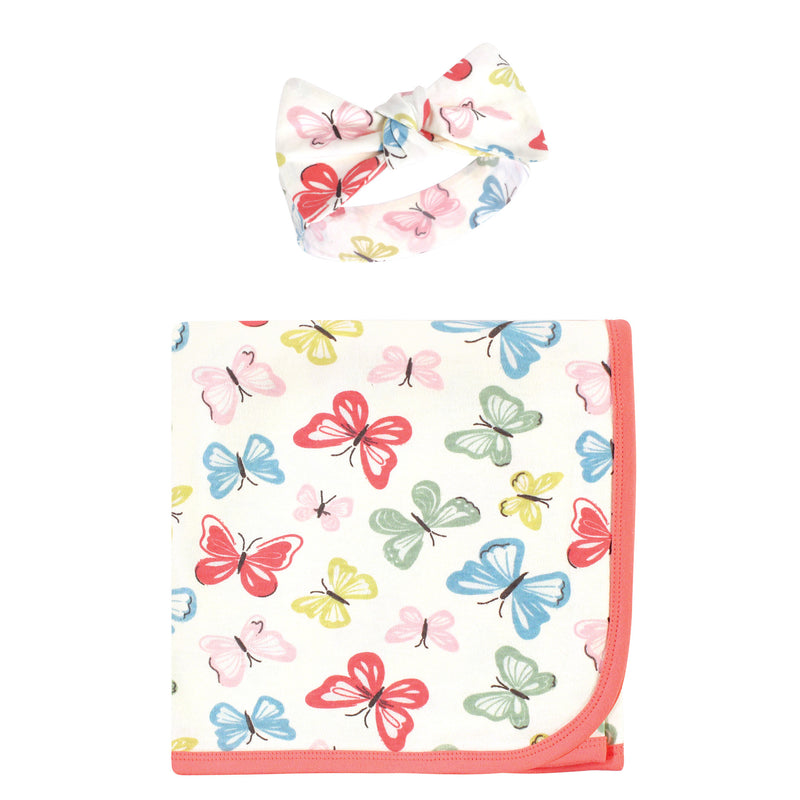 Touched by Nature Organic Cotton Swaddle Blanket and Headband or Cap, Butterflies