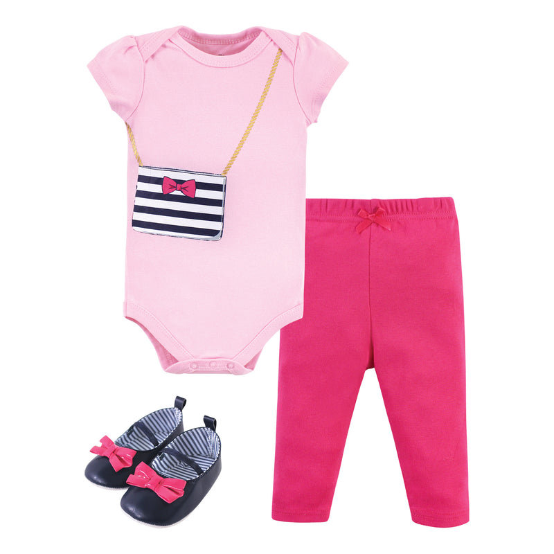 Little Treasure Cotton Bodysuit, Pant and Shoe Set, Navy Pink Purse