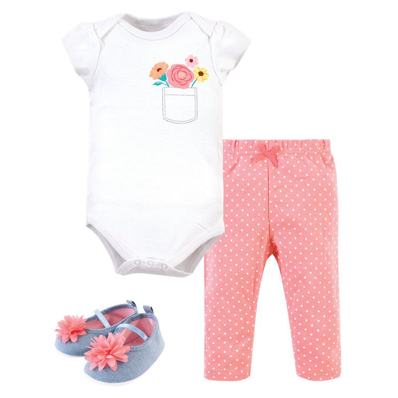 Little Treasure Cotton Bodysuit, Pant and Shoe Set, Flower Pocket