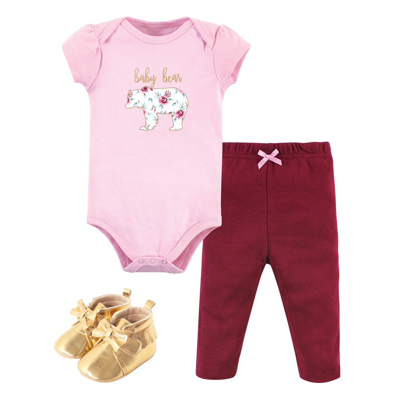 Little Treasure Cotton Bodysuit, Pant and Shoe Set, Girl Baby Bear