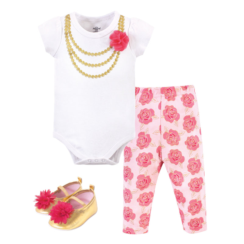 Little Treasure Cotton Bodysuit, Pant and Shoe Set, Dk. Pink Gold Rose
