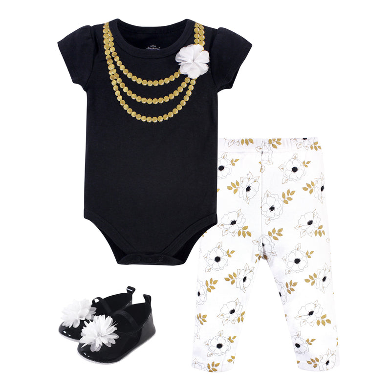 Little Treasure Cotton Bodysuit, Pant and Shoe Set, White Flower Necklace