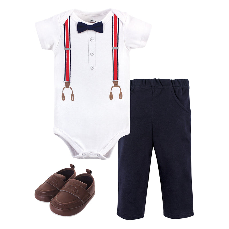 Little Treasure Cotton Bodysuit, Pant and Shoe Set, Red Navy Suspenders