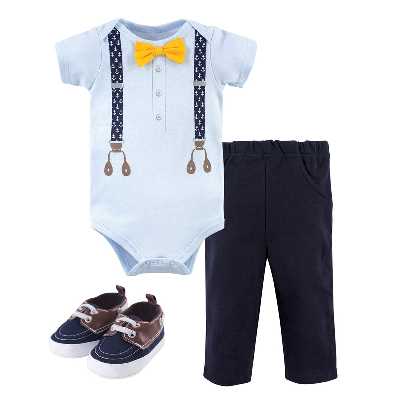 Little Treasure Cotton Bodysuit, Pant and Shoe Set, Anchor Suspenders