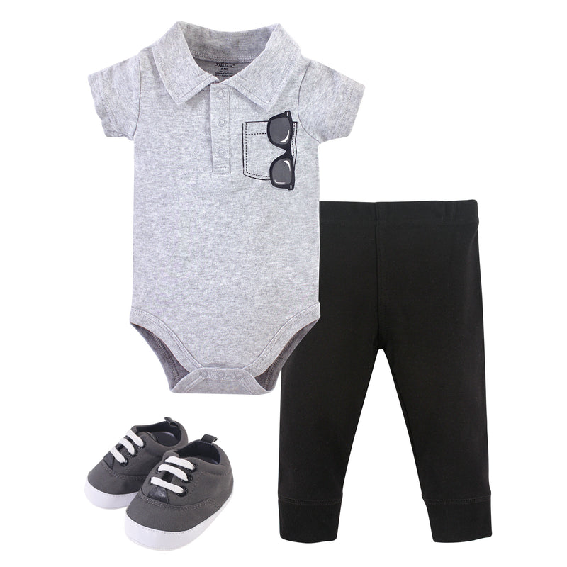 Little Treasure Cotton Bodysuit, Pant and Shoe Set, Sunglasses Collar