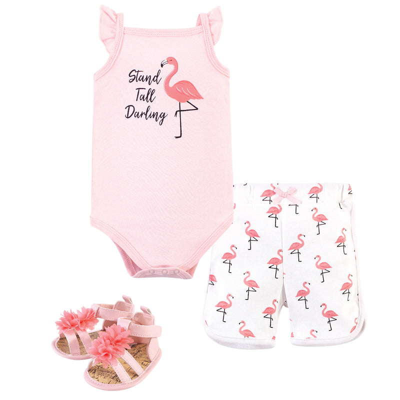 Little Treasure Cotton Bodysuit, Pant and Shoe Set, Flamingo
