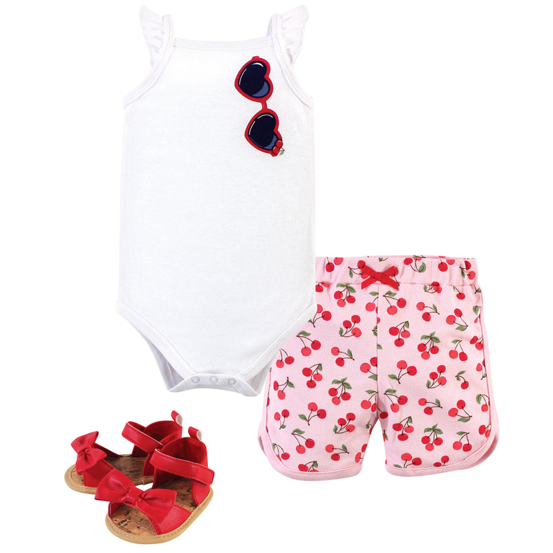 Little Treasure Cotton Bodysuit, Pant and Shoe Set, Cherries