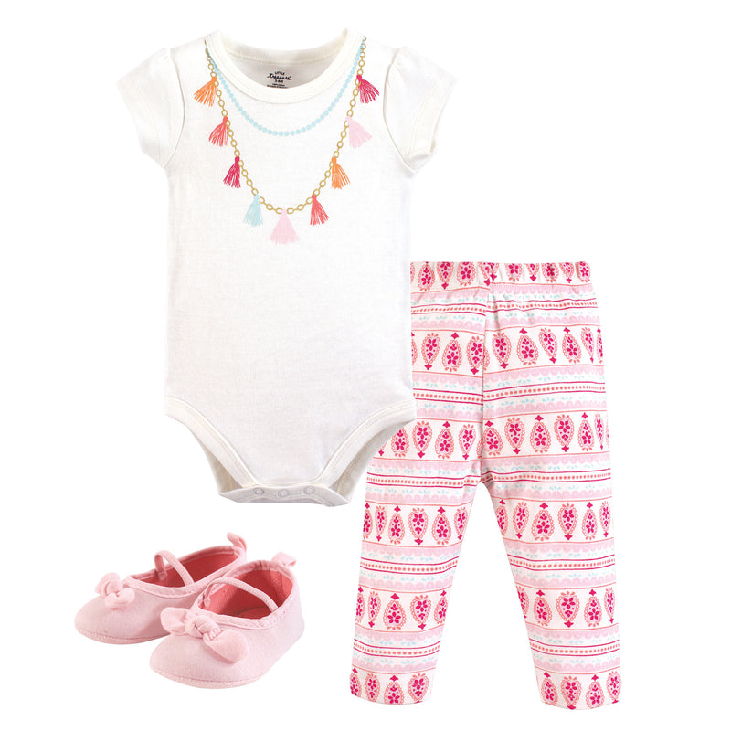 Little Treasure Cotton Bodysuit, Pant and Shoe Set, Tassel Necklace