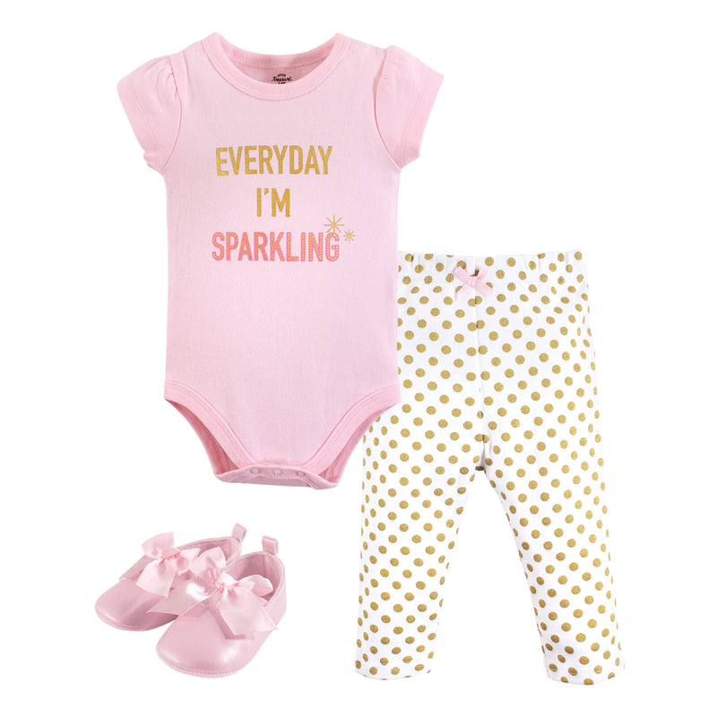 Little Treasure Cotton Bodysuit, Pant and Shoe Set, Sparkling Short-Sleeve