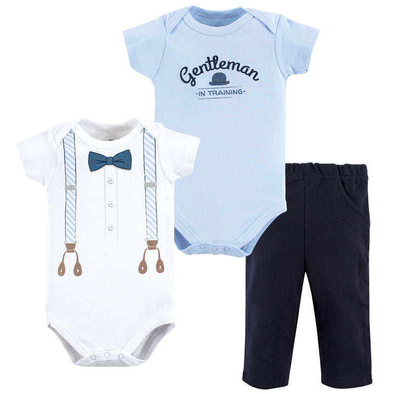 Little Treasure Cotton Bodysuit and Pant Set, Light Blue Suspenders