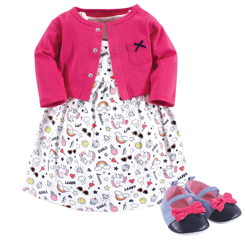 Little Treasure Cotton Dress, Cardigan and Shoe Set, Happy Rainbow