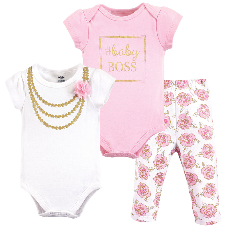 Little Treasure Cotton Bodysuit and Pant Set, Gold Roses