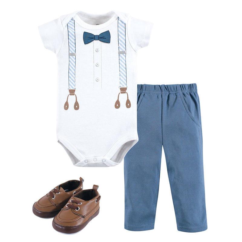 Little Treasure Cotton Bodysuit, Pant and Shoe Set, Light Blue Suspenders