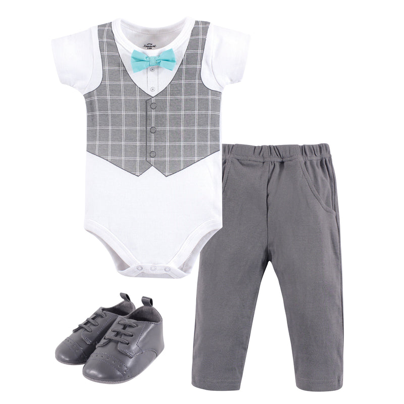 Little Treasure Cotton Bodysuit, Pant and Shoe Set, Mint Bow Tie