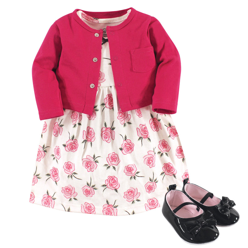 Little Treasure Cotton Dress, Cardigan and Shoe Set, Rose