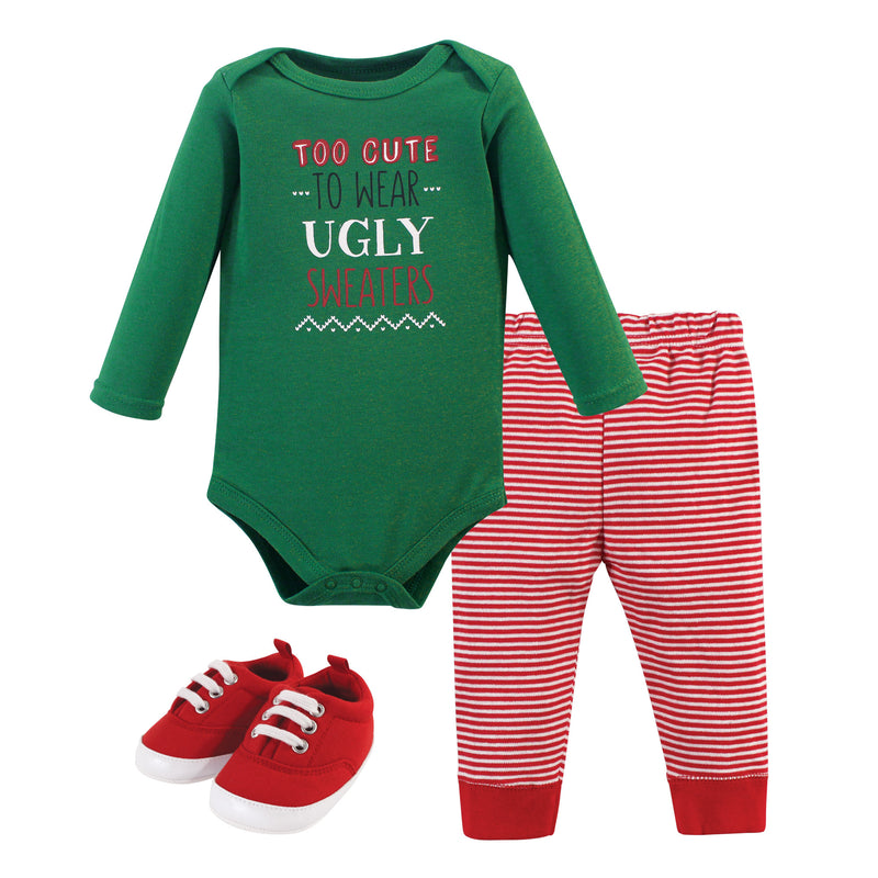 Little Treasure Cotton Bodysuit, Pant and Shoe Set, Ugly Sweater