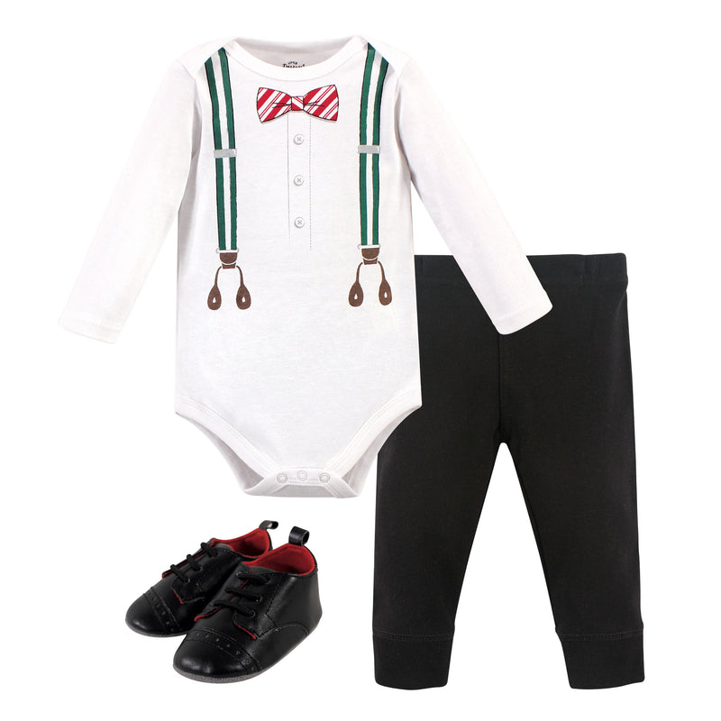 Little Treasure Cotton Bodysuit, Pant and Shoe Set, Green Suspenders