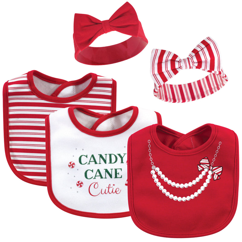 Little Treasure Cotton Bib and Headband Set, Candy Cane Cutie