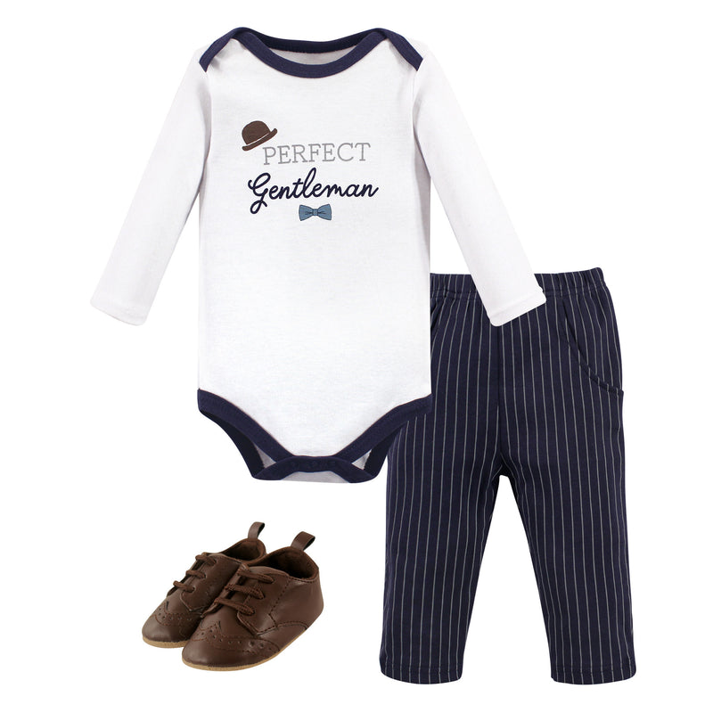 Little Treasure Cotton Bodysuit, Pant and Shoe Set, Gentleman Navy